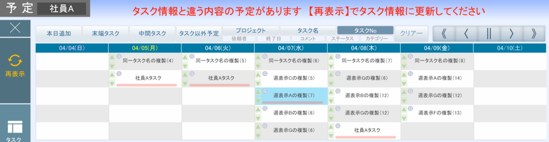 タスク情報に更新がある予定週表示